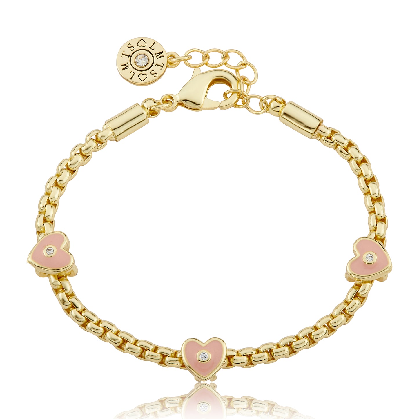 14K Gold Plated Mesh Rope Bracelet Accented With 3 Enamel Heart Slides