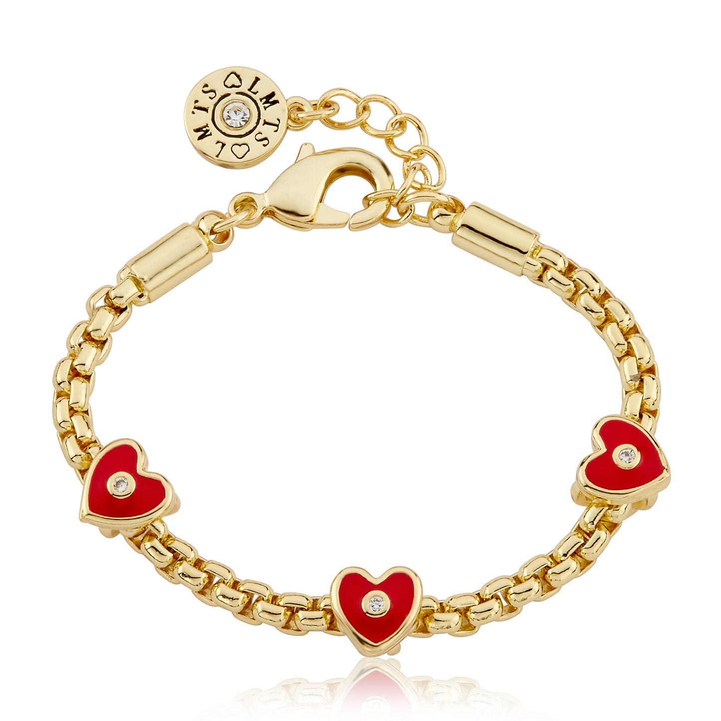 14K Gold Plated Mesh Rope Bracelet Accented With 3 Enamel Heart Slides