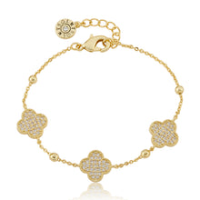 14K Gold Plated 3 Pave CZ Clovers On Bead Chain Bracelet