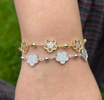 14K Gold Plated 3 Pave Pink CZ Flowers On Bead Chain Bracelet