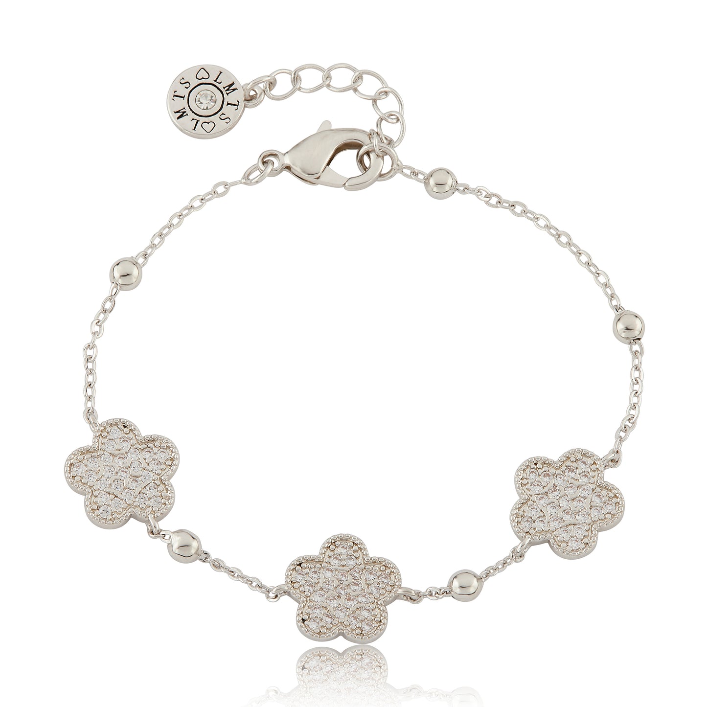 14K Gold Plated 3 Pave Pink CZ Flowers On Bead Chain Bracelet