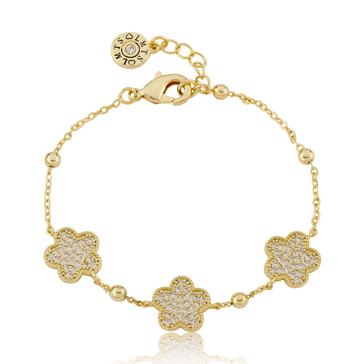 14K Gold Plated 3 Pave Pink CZ Flowers On Bead Chain Bracelet