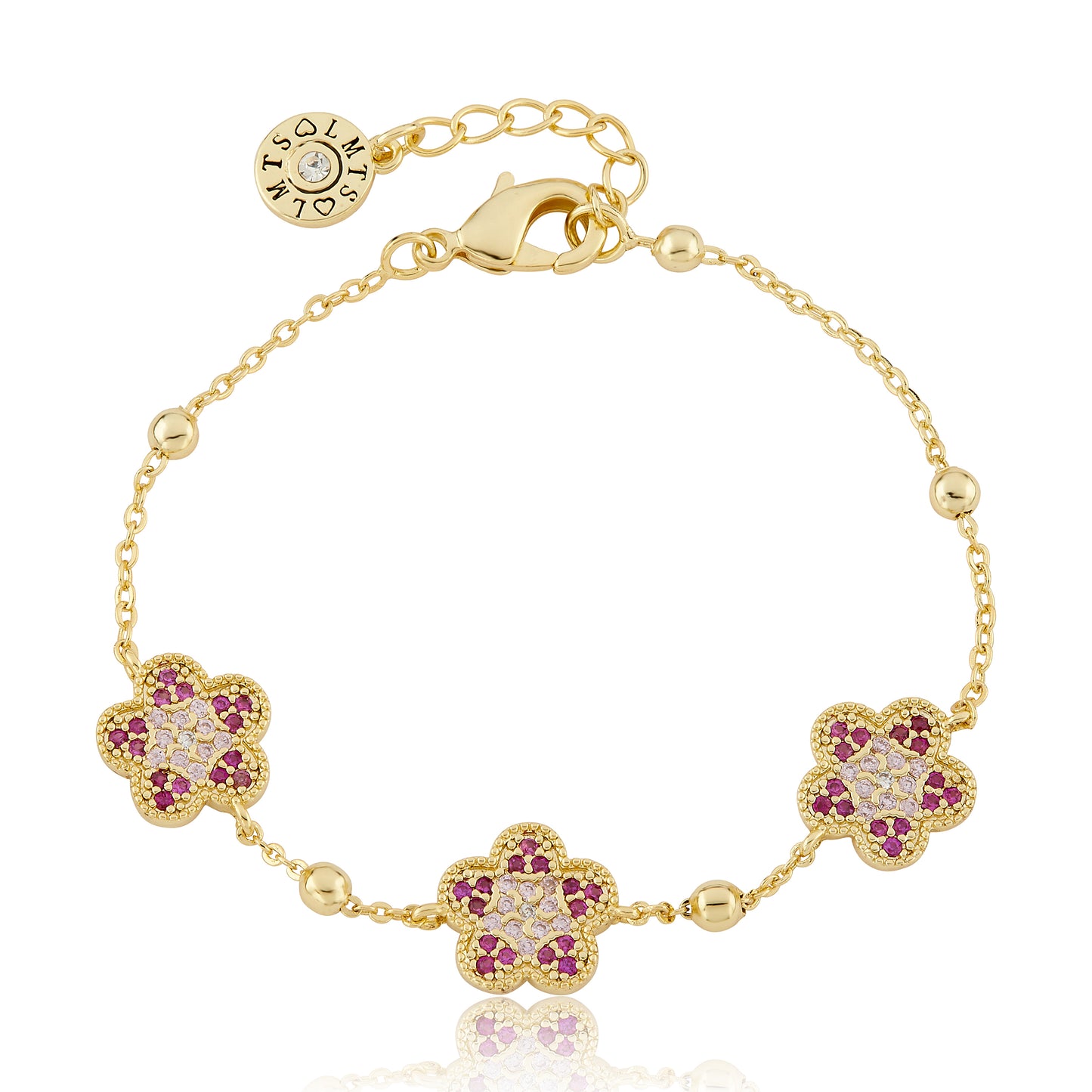 14K Gold Plated 3 Pave Pink CZ Flowers On Bead Chain Bracelet