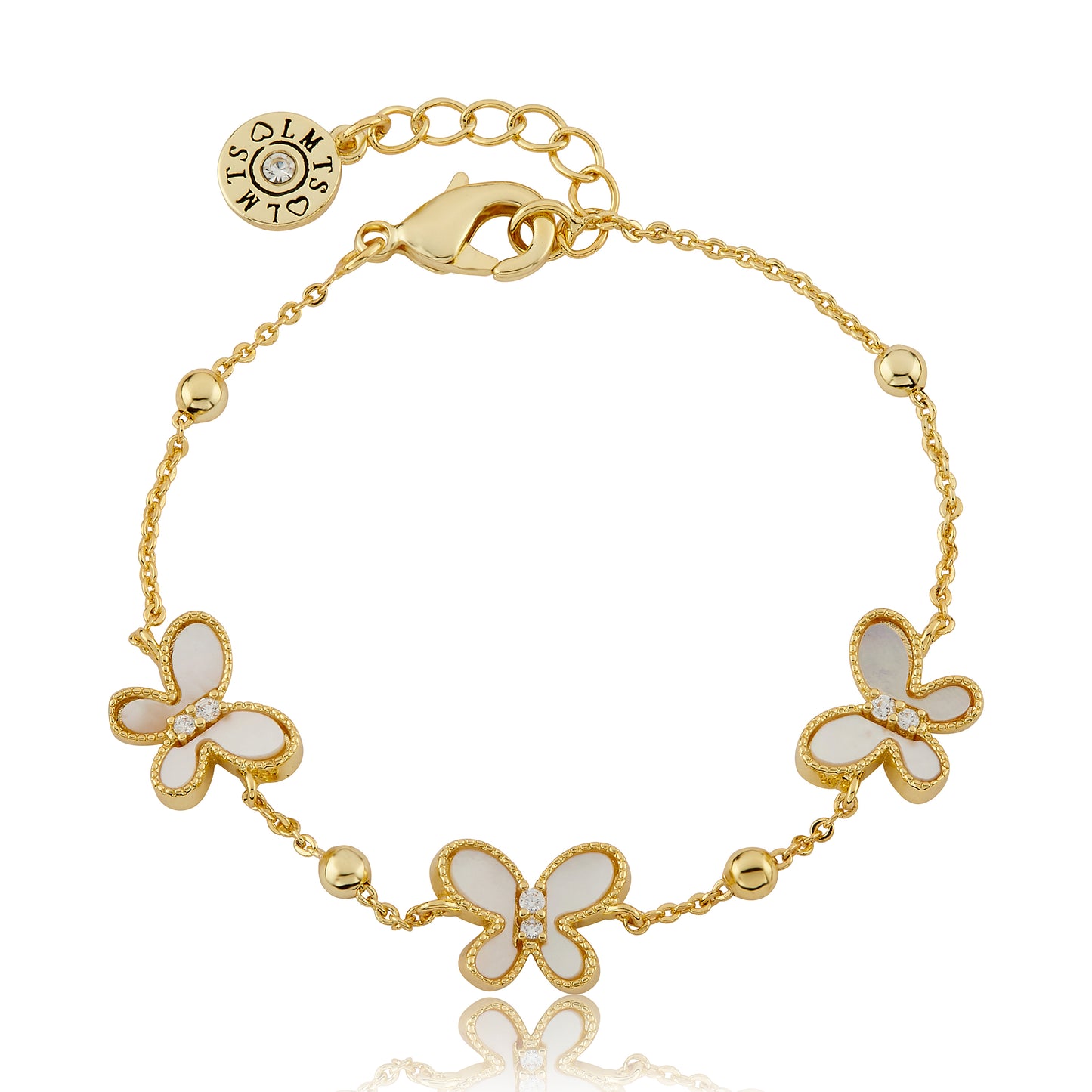 14K Gold Plated 3 Mother Of Pearl CZ Butterflies On Bead Chain Bracelet