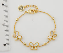 14K Gold Plated 3 Mother Of Pearl CZ Butterflies On Bead Chain Bracelet