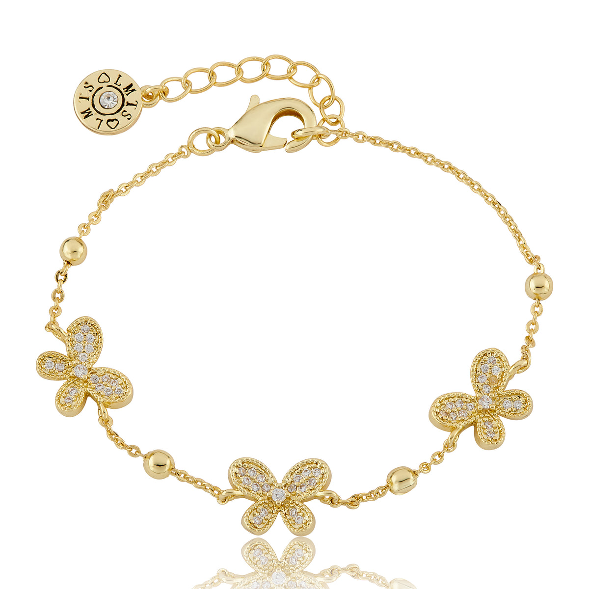 14K Gold Plated 3 Pave Pink CZ Butterflies On Bead Chain Bracelet 