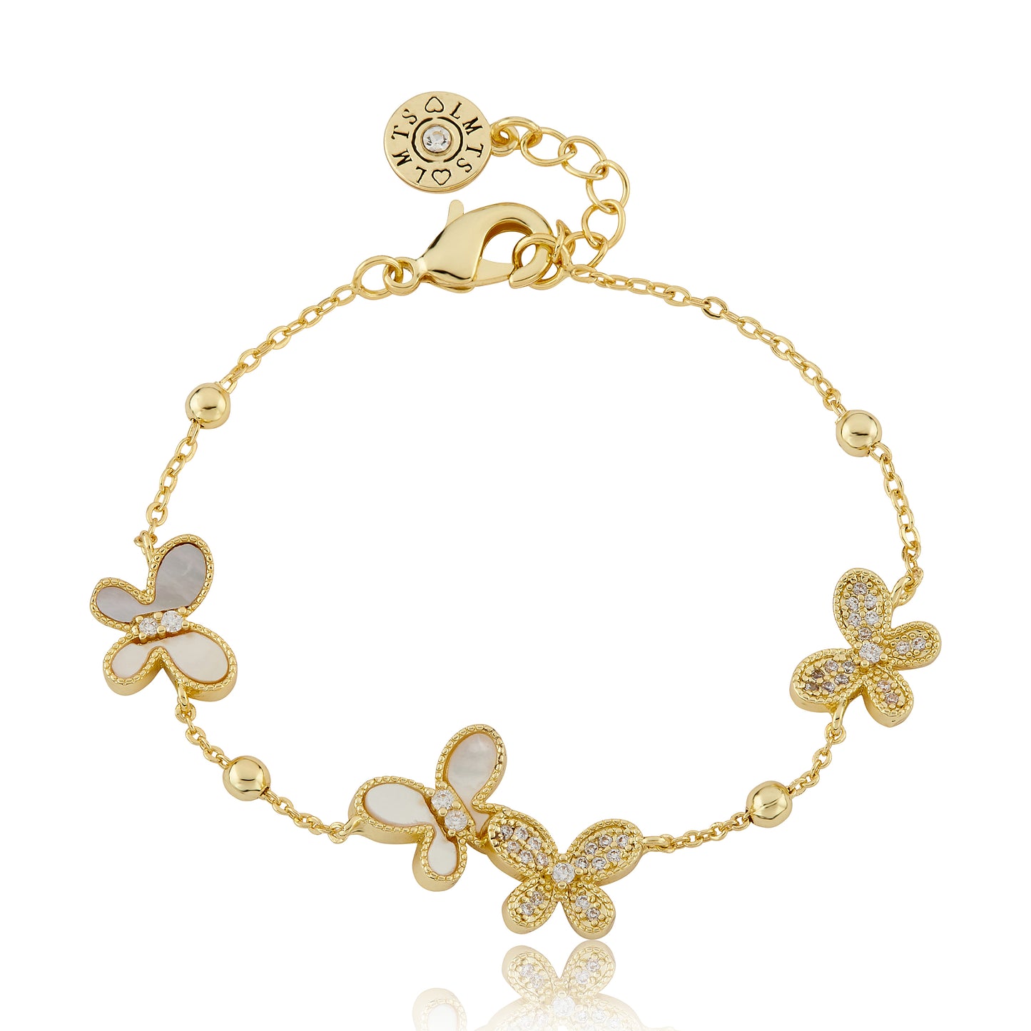 14K Gold Plated 4 Mother Of Pearl CZ Butterflies On Bead Chain Bracelet