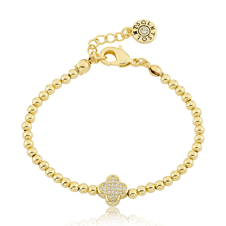 LMTS Classic! 14K Gold Plated Bead & Cz Clover Wire Bracelet