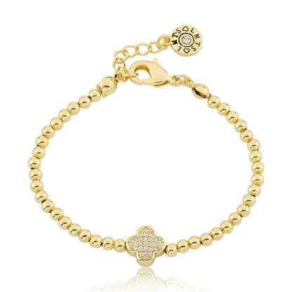 LMTS Classic! 14K Gold Plated Bead & Cz Clover Wire Bracelet