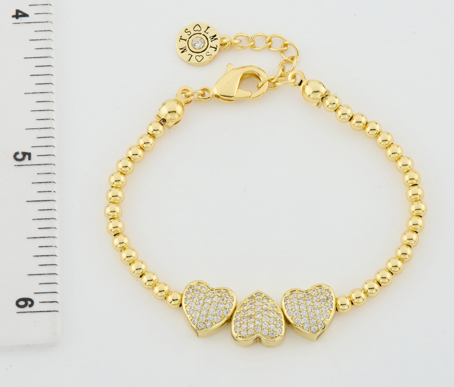 LMTS Classic! 14K Gold Plated Bead & Cz Hearts Wire Bracelet