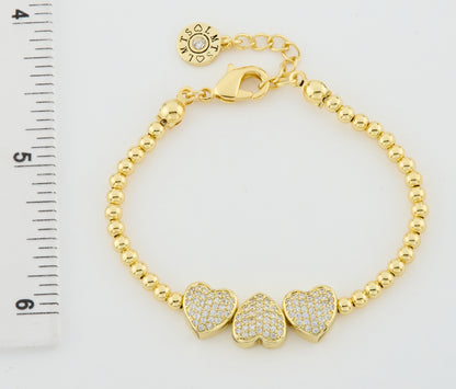 14K Gold Plated Bead & Cz Hearts Wire Bracelet Wholesale
