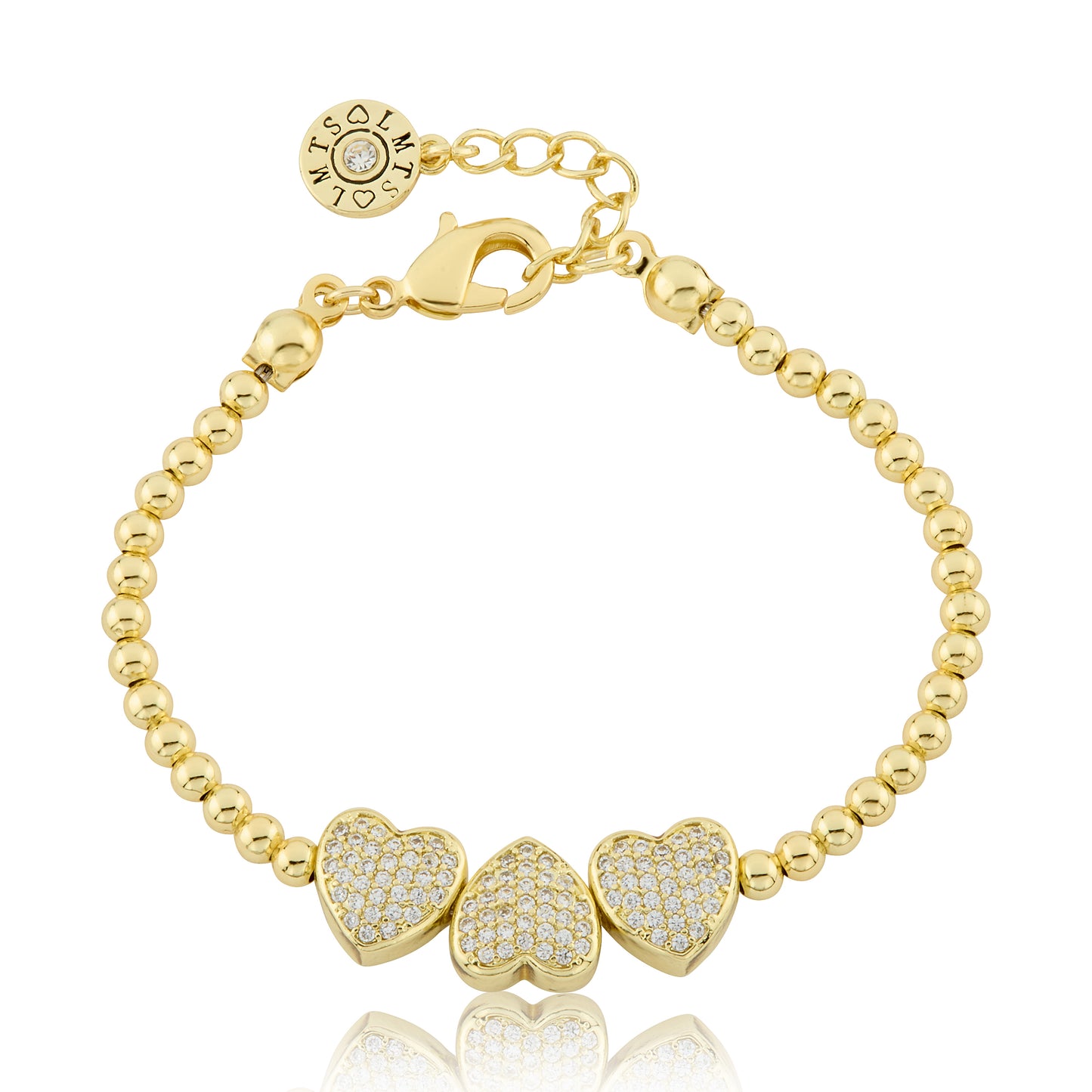 14K Gold Plated Bead & Cz Hearts Wire Bracelet Wholesale