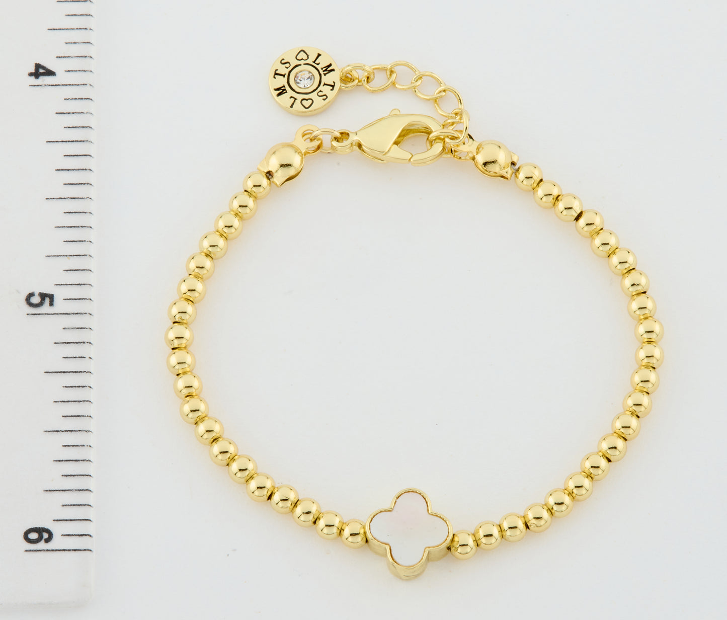 LMTS Classic! 14K Gold Plated Bead & Mother Of Pearl Clover Wire Bracelet