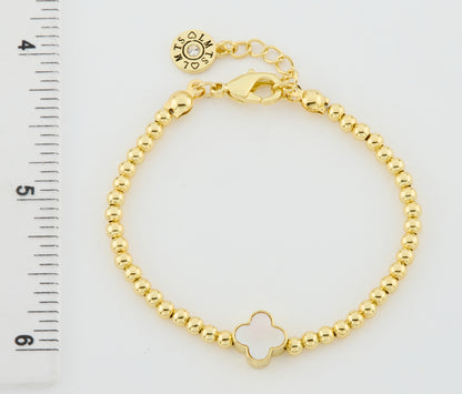 LMTS Classic! 14K Gold Plated Bead & Mother Of Pearl Clover Wire Bracelet