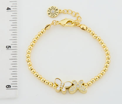 LMTS Classic! 14K Gold Plated Bead & Mother Of Pearl & Cz Butterfly Wire Bracelet