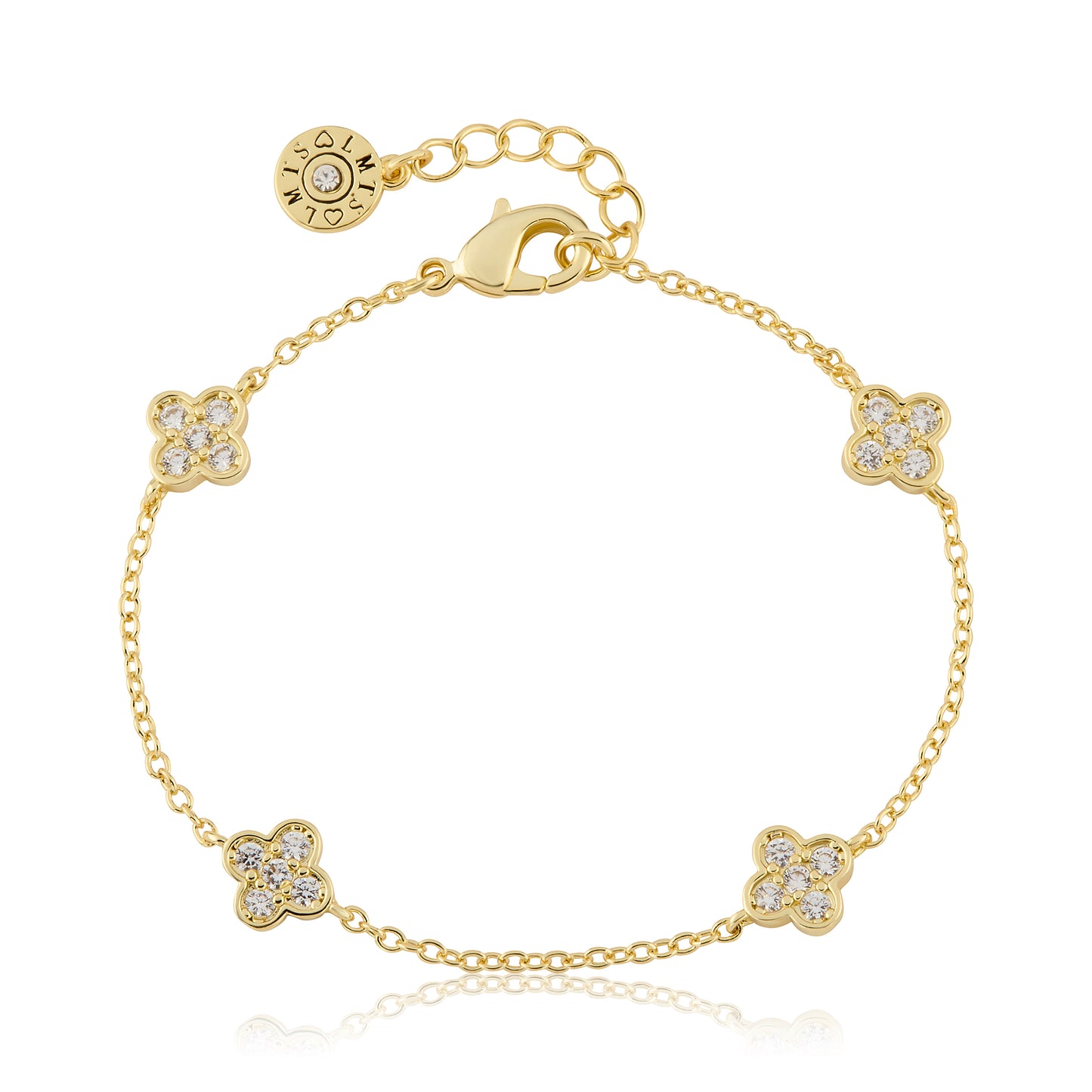 14K Gold Plated 4 Clear Cz Clover Station Chain Bracelet Wholesale