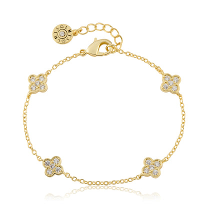 14K Gold Plated 4 Clear Cz Clover Station Chain Bracelet Wholesale