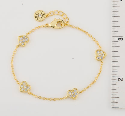 14K Gold Plated 4 Clear Cz Hearts Station Chain Bracelet Wholesale