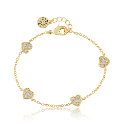 14K Gold Plated 4 Clear Cz Hearts Station Chain Bracelet