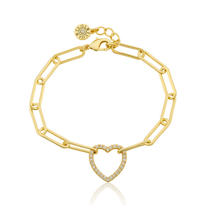 14K Gold Plated Links Chain Bracelet With Cz Open Heart Center