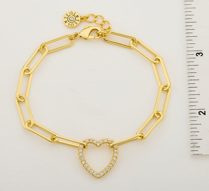 14K Gold Plated Links Chain Bracelet With Cz Open Heart Center Wholesale