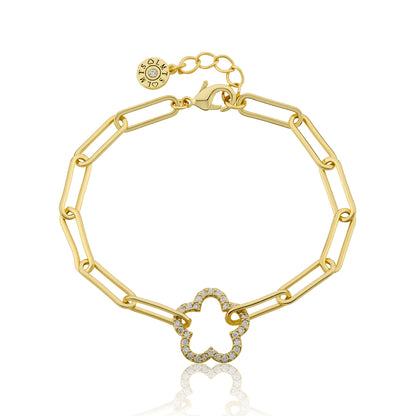 14K Gold Plated Links Chain Bracelet With Cz Open Flower Center