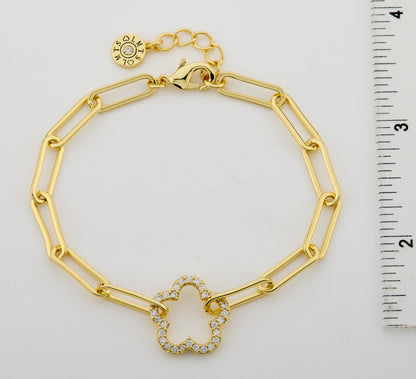 14K Gold Plated Links Chain Bracelet With Cz Open Flower Center Wholesale