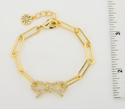 14K Gold Plated Links Chain Bracelet With Cz Open Bow Center Wholesale