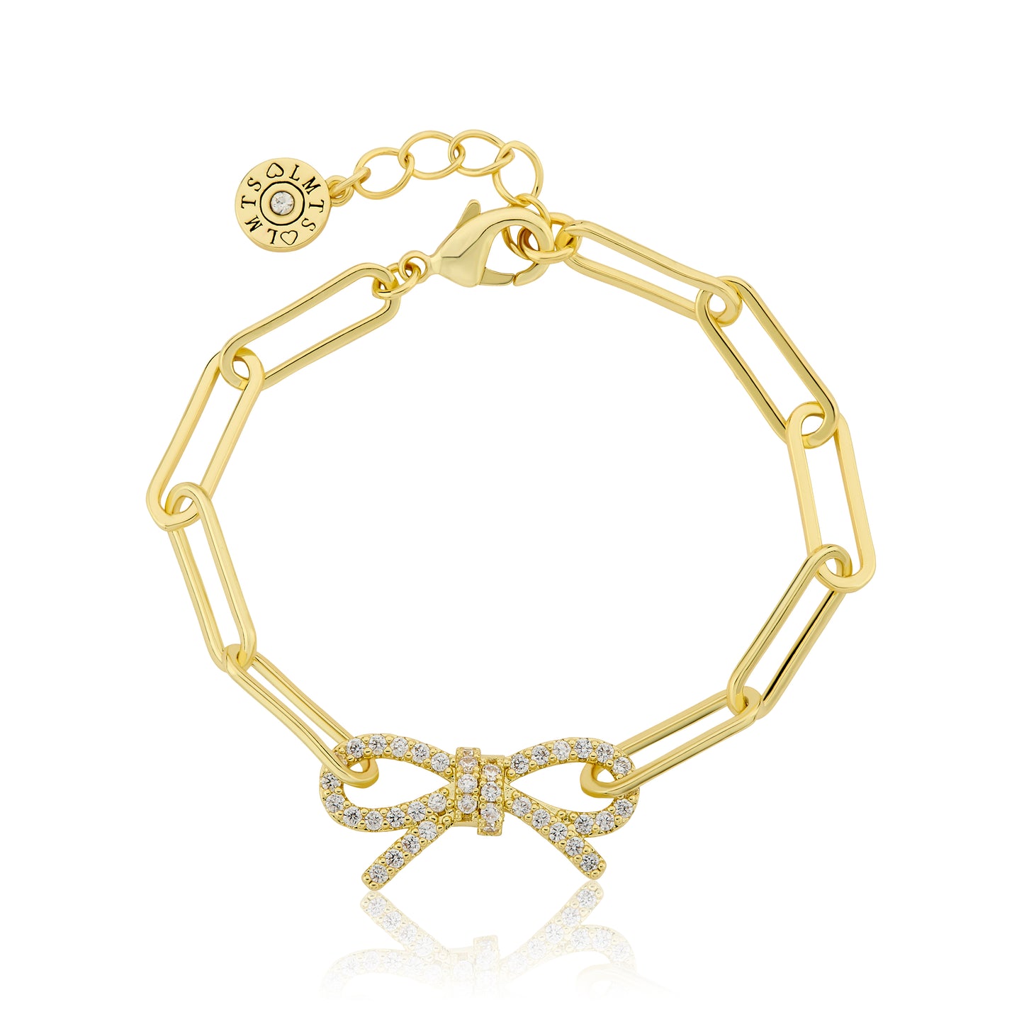 14K Gold Plated Links Chain Bracelet With Cz Open Bow Center Wholesale