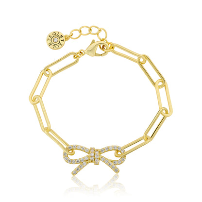 14K Gold Plated Links Chain Bracelet With Cz Open Bow Center Wholesale