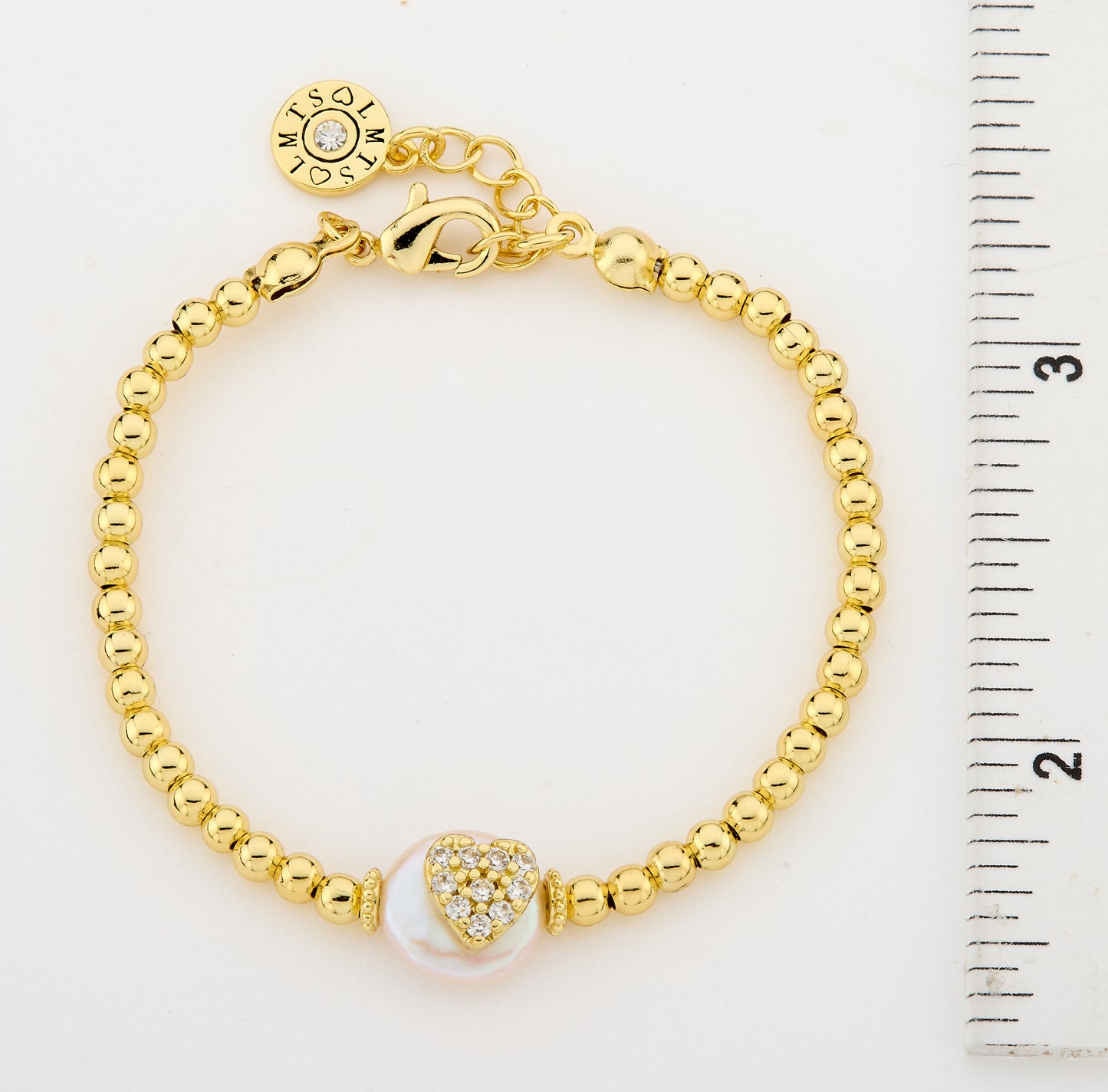 14K Gold Plated 3mm Bead & Cz Heart Over Flat Pearl Wire Bracelet Wholesale