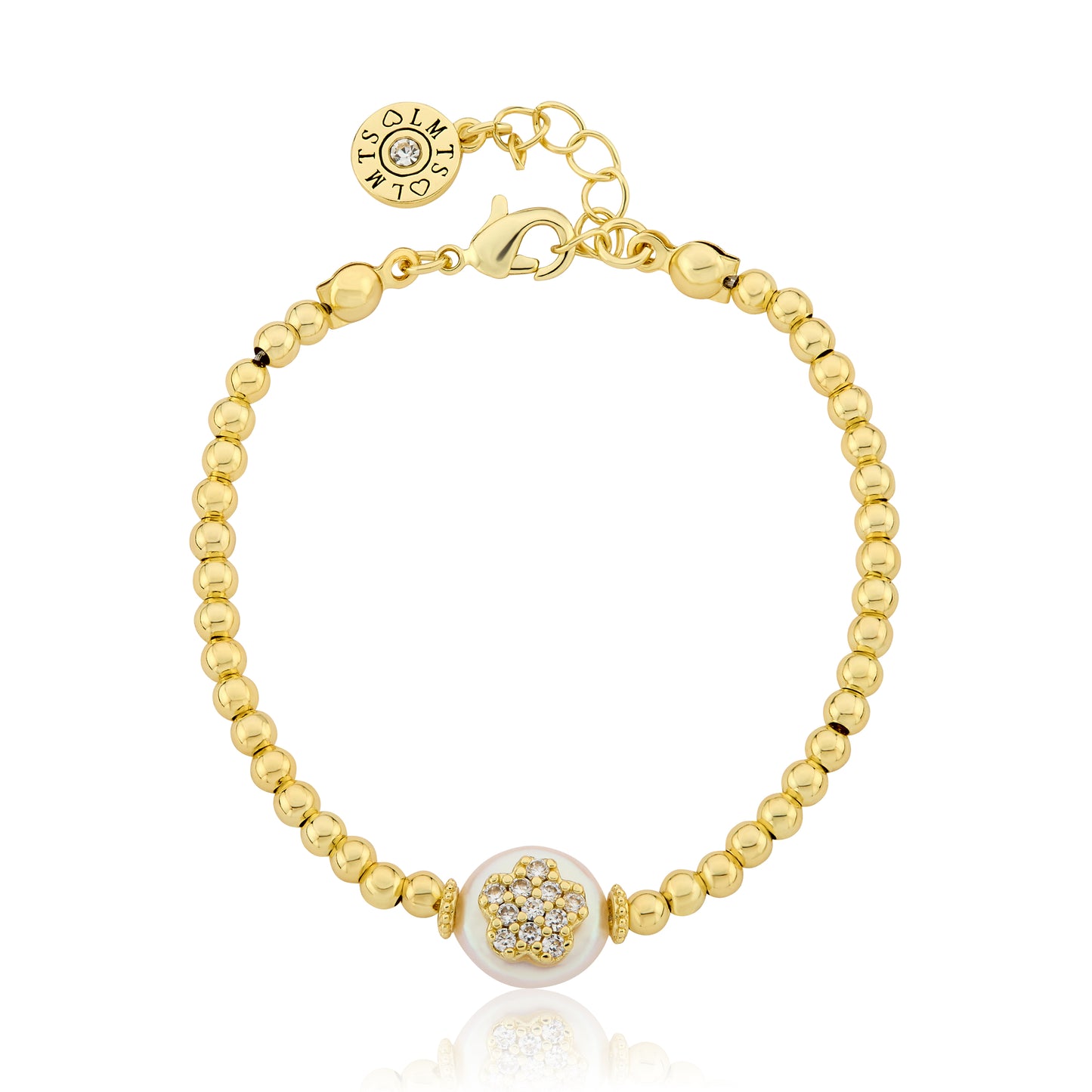 14K Gold Plated 3mm Bead & Cz Flower Over Flat Pearl Wire Bracelet