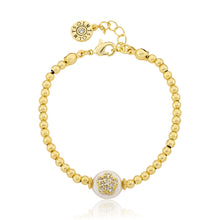 14K Gold Plated 3mm Bead & Cz Flower Over Flat Pearl Wire Bracelet Wholesale
