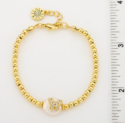 14K Gold Plated 3mm Bead & Cz Butterfly Over Flat Pearl Wire Bracelet