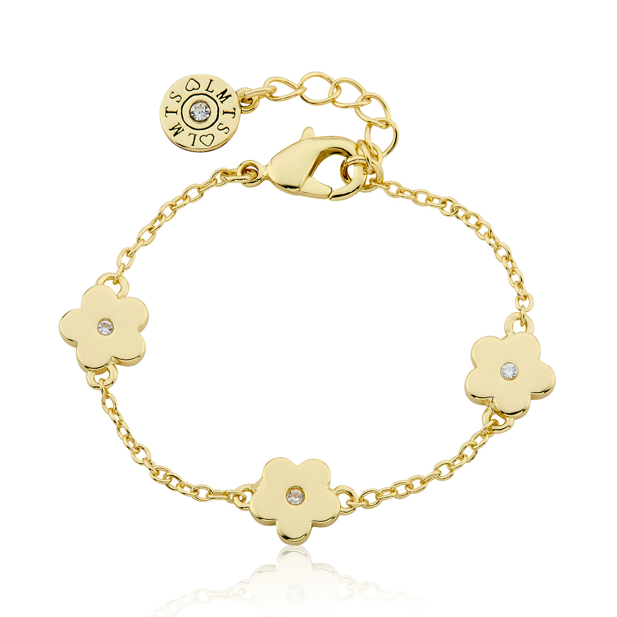 14k Gold Plated Cz Center Triple Flower Chain Bracelet
