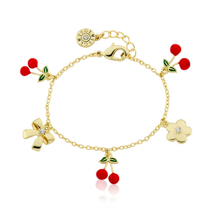 14k Gold Plated Cherries & 3D Charms Bracelet