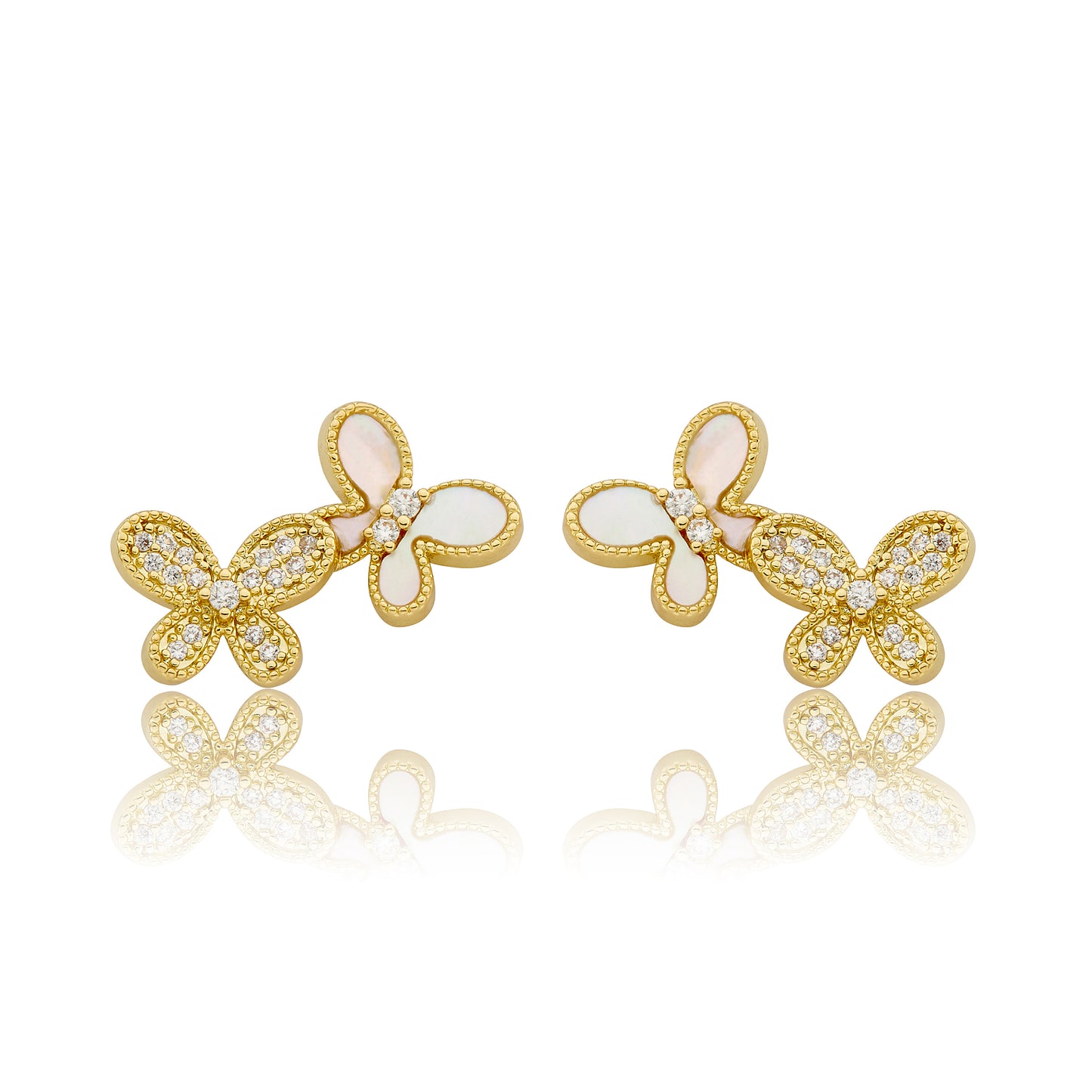 LMTS Classic! Cz & Mother Of Pearl Double Butterfly Stud Earring