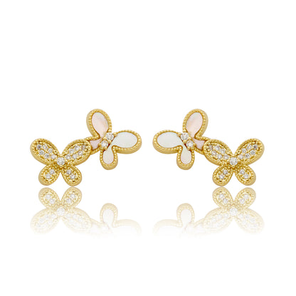 LMTS Classic! Cz & Mother Of Pearl Double Butterfly Stud Earring