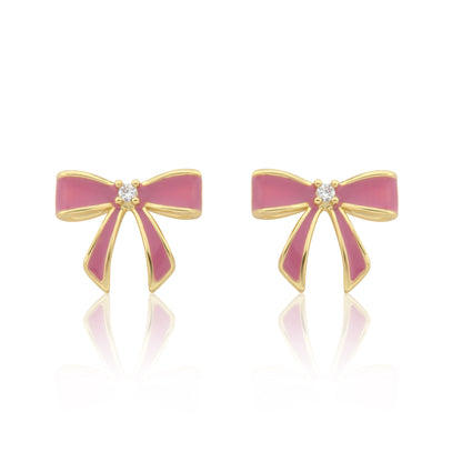 LMTS Classic! 14k Gold Plated Cz Center Enamel Bow Stud Earring