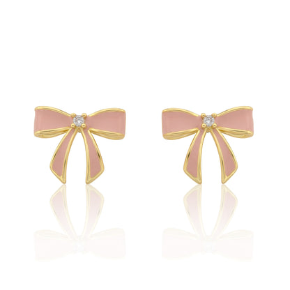 LMTS Classic! 14k Gold Plated Cz Center Enamel Bow Stud Earring