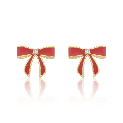LMTS Classic! 14k Gold Plated Cz Center Enamel Bow Stud Earring