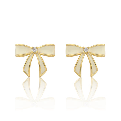 LMTS Classic! 14k Gold Plated Cz Center Enamel Bow Stud Earring