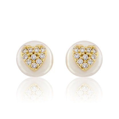 14K Gold Plated Cz Heart Over 10mm Pearl Stud Earring Wholesale