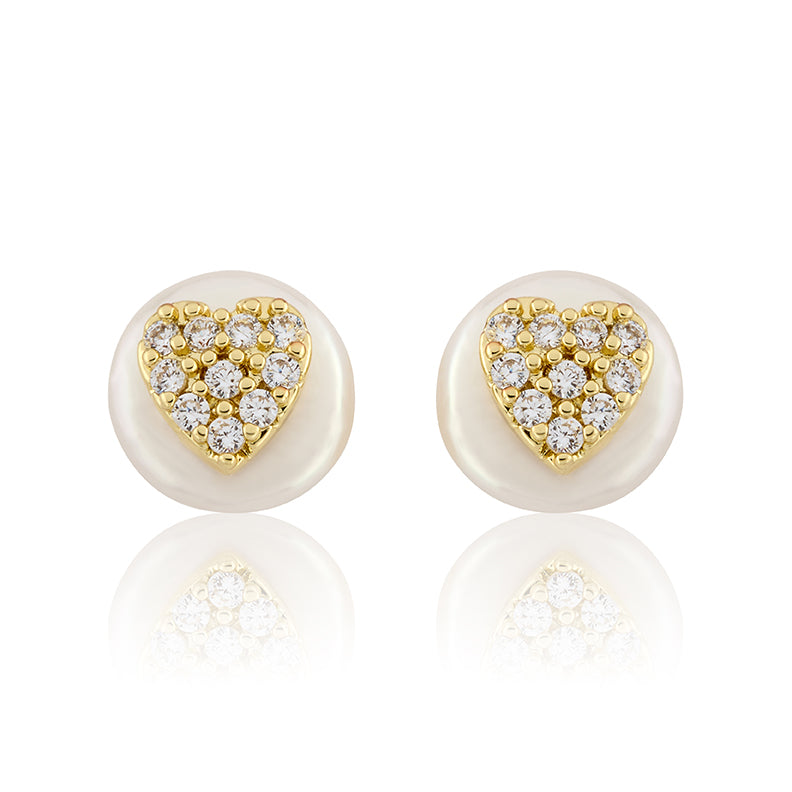 14K Gold Plated Cz Heart Over 10mm Pearl Stud Earring