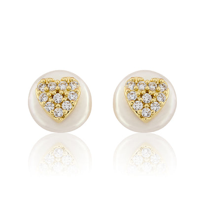 14K Gold Plated Cz Heart Over 10mm Pearl Stud Earring