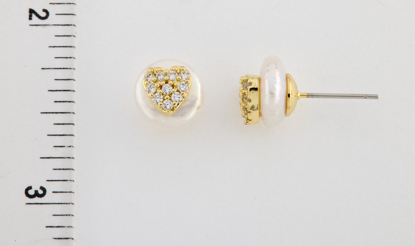 14K Gold Plated Cz Heart Over 10mm Pearl Stud Earring