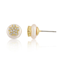 14K Gold Plated Cz Flower Over 10mm Pearl Stud Earring Wholesale