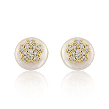 14K Gold Plated Cz Flower Over 10mm Pearl Stud Earring Wholesale