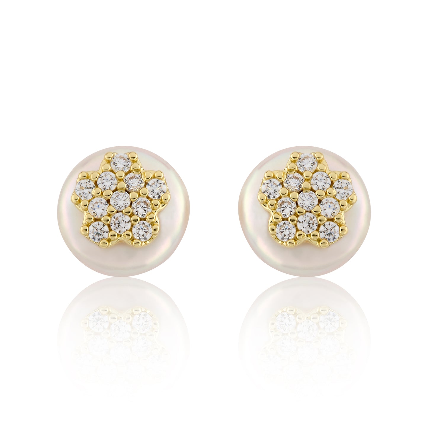 14K Gold Plated Cz Flower Over 10mm Pearl Stud Earring