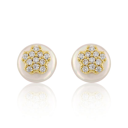 14K Gold Plated Cz Flower Over 10mm Pearl Stud Earring